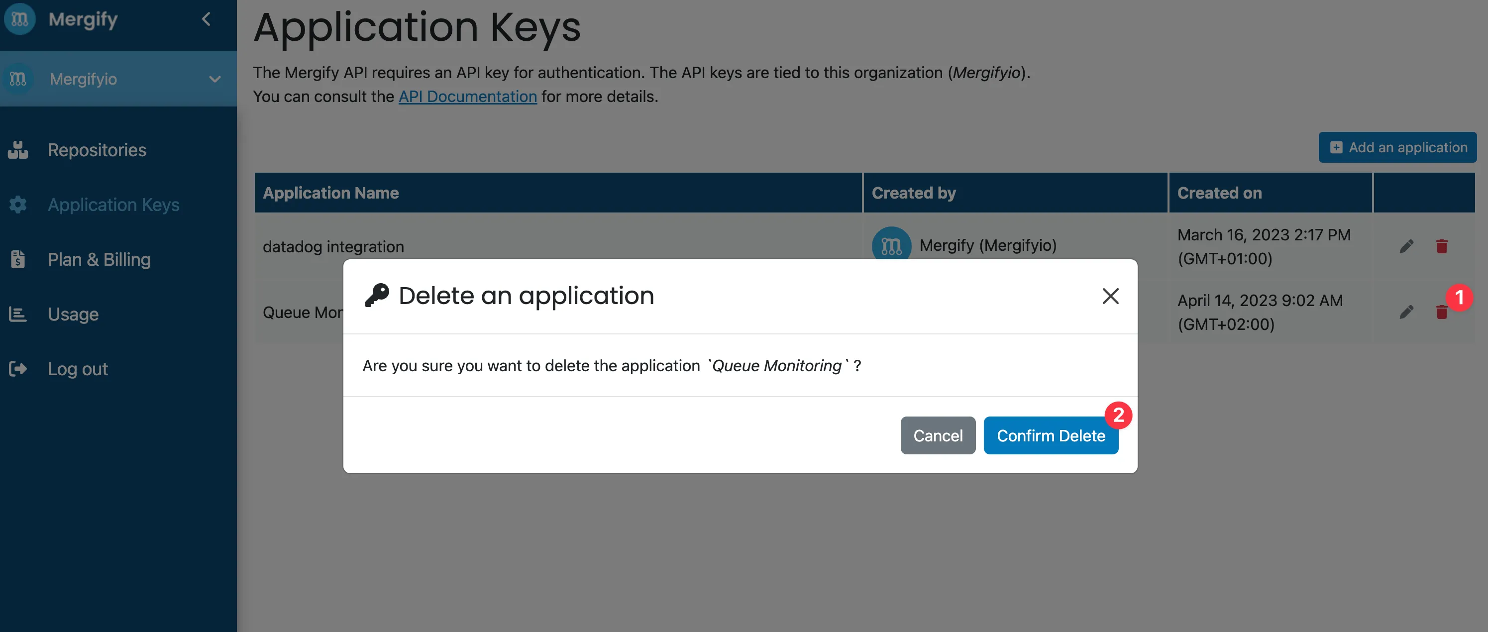 Delete application key